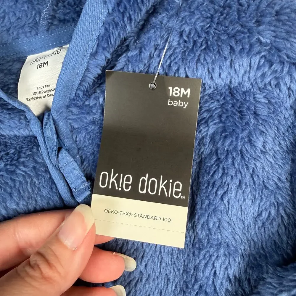 Okie Dokie Full Zip Jacket Boys 18M Faux Fur Blue Hooded Bear Ears NWT